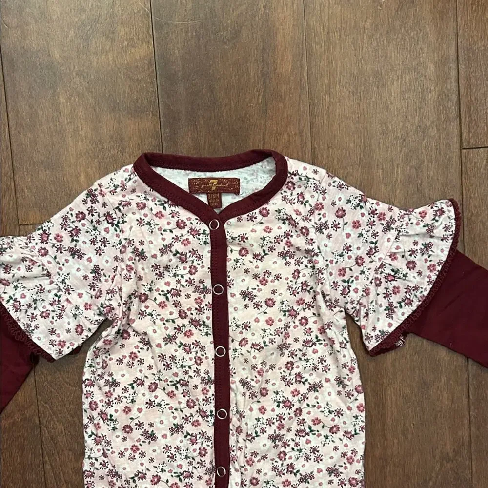 7 For All Mankind Floral Burgundy Kids Footie One Piece, Size 3-6 Months